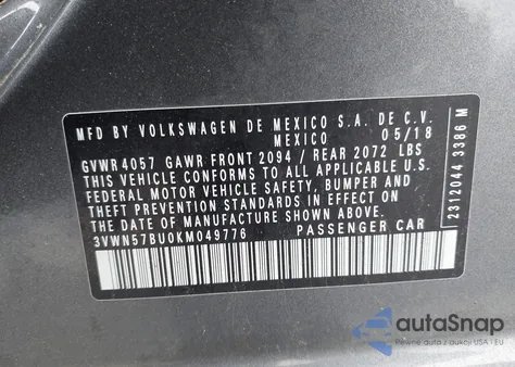 2019 Volkswagen Jetta 1.4T S from USA, damaged, VIN 3VWN57BU0KM049776